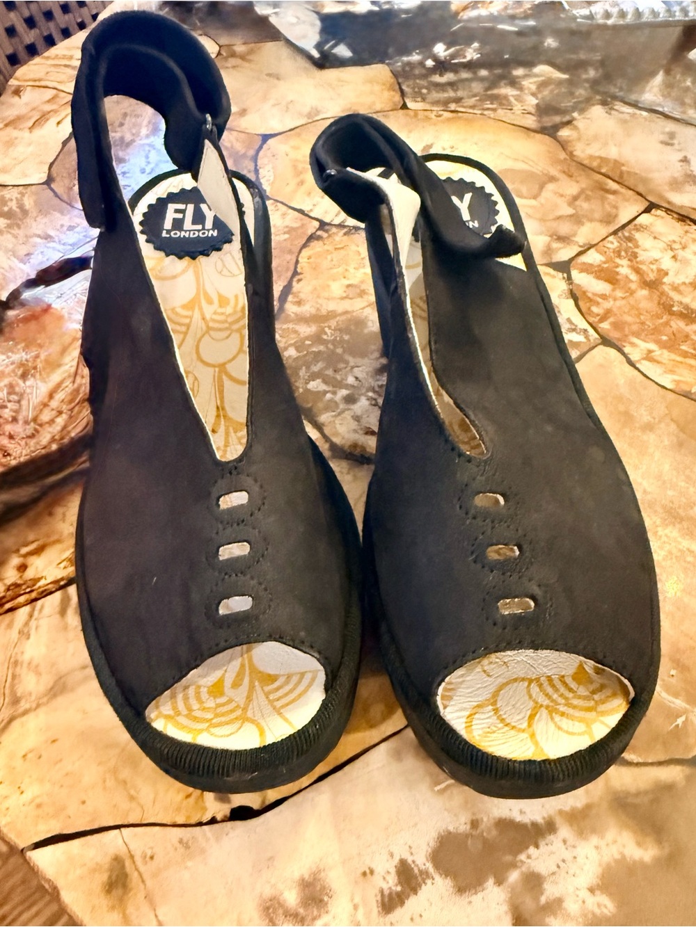 FLY London Black Suede Open-Toe Slingback Sandals - Size 38